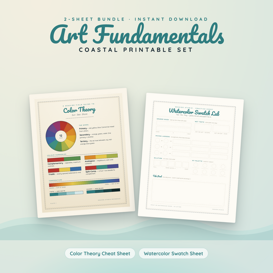 A digital product mockup showing a 2-sheet bundle titled 'Art Fundamentals Coastal Printable Set' on a pale mint background. Two printable sheets are displayed: one titled 'Color Theory' with a rainbow color wheel and swatch bars, and one titled 'Watercolor Swatch List'.