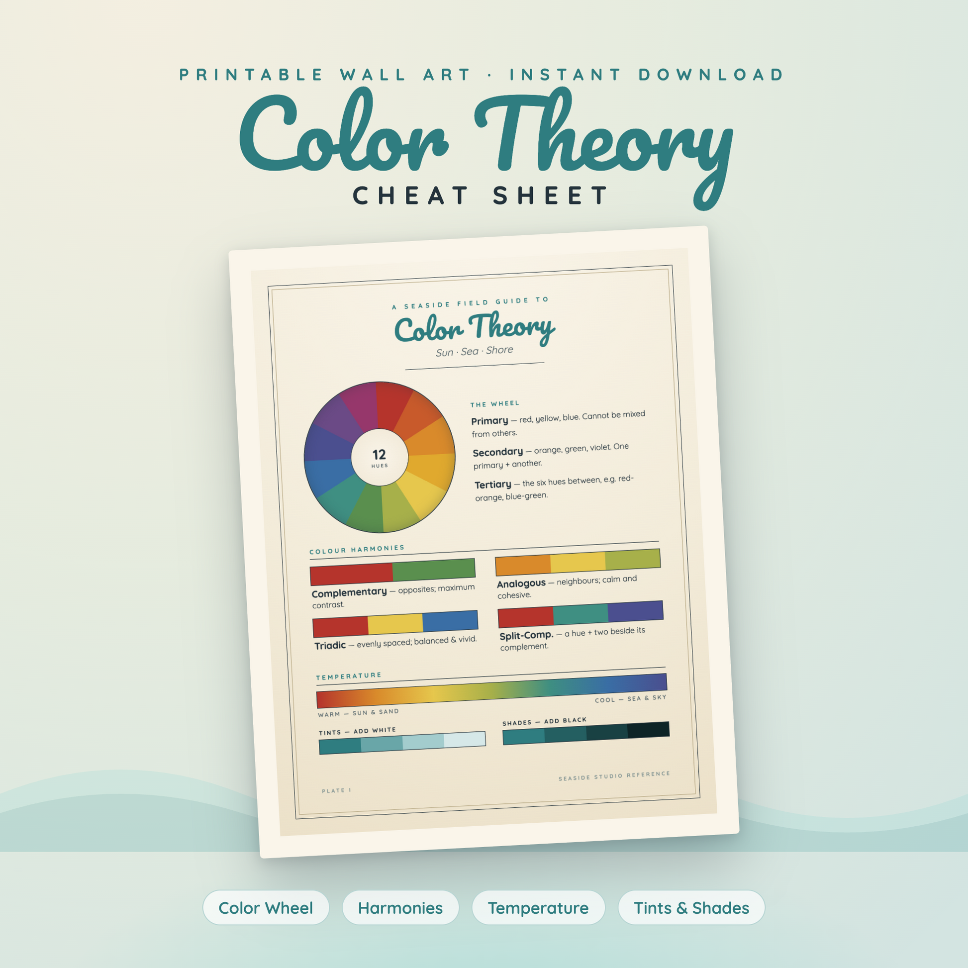 A digital mockup of a 'Color Theory Cheat Sheet' printable wall art poster, shown on a light mint green background with decorative text and labels at the top and bottom.