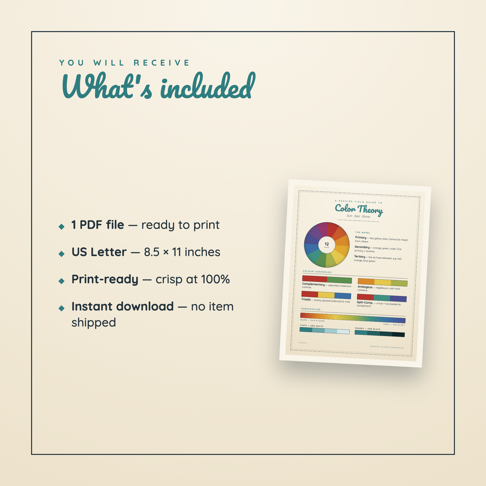 Promotional graphic for a digital color theory PDF print template, showing a list of included items on a beige background next to a preview of the printed color wheel document.