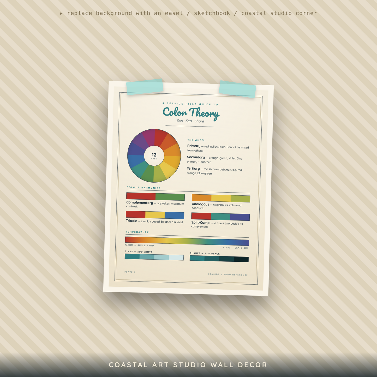 A framed educational poster titled 'Color Theory' with a circular color wheel and multiple color swatch bars, displayed against a beige diagonal-striped background with a white border and the text 'COASTAL ART STUDIO WALL DECOR' at the bottom.