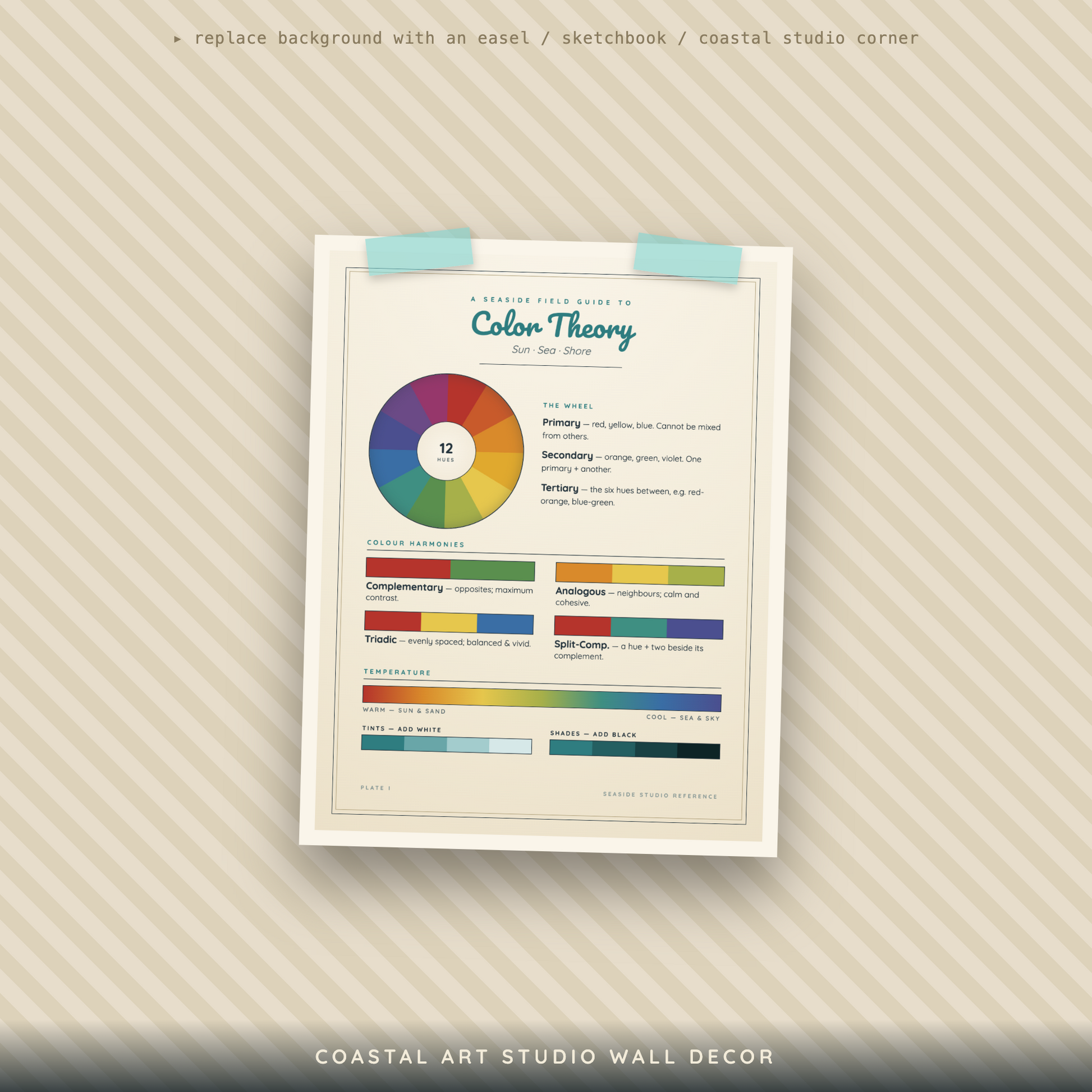 A framed educational poster titled 'Color Theory' with a circular color wheel and multiple color swatch bars, displayed against a beige diagonal-striped background with a white border and the text 'COASTAL ART STUDIO WALL DECOR' at the bottom.