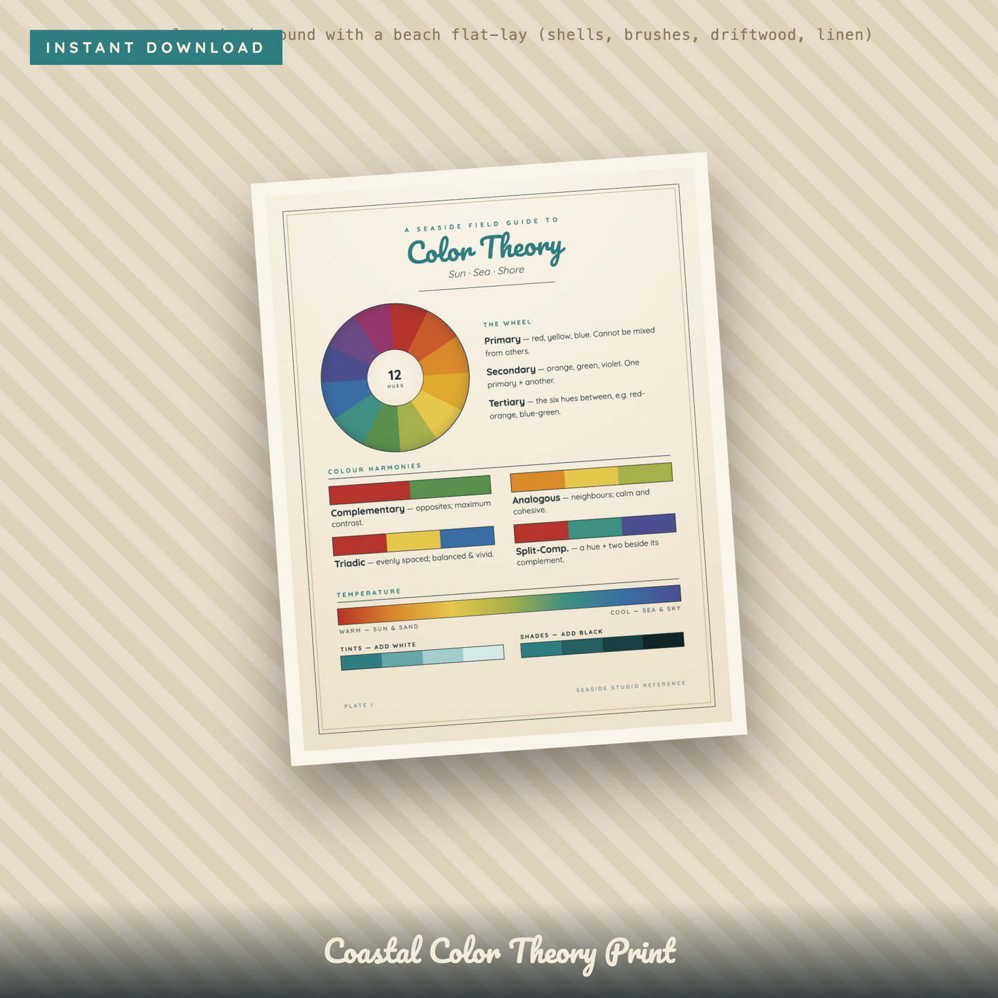 A coastal-themed color theory print poster shown as an instant download graphic. The print features a color wheel, definitions of primary, secondary, and tertiary colors, and color charts for complementary, analogous, and triadic relationships.