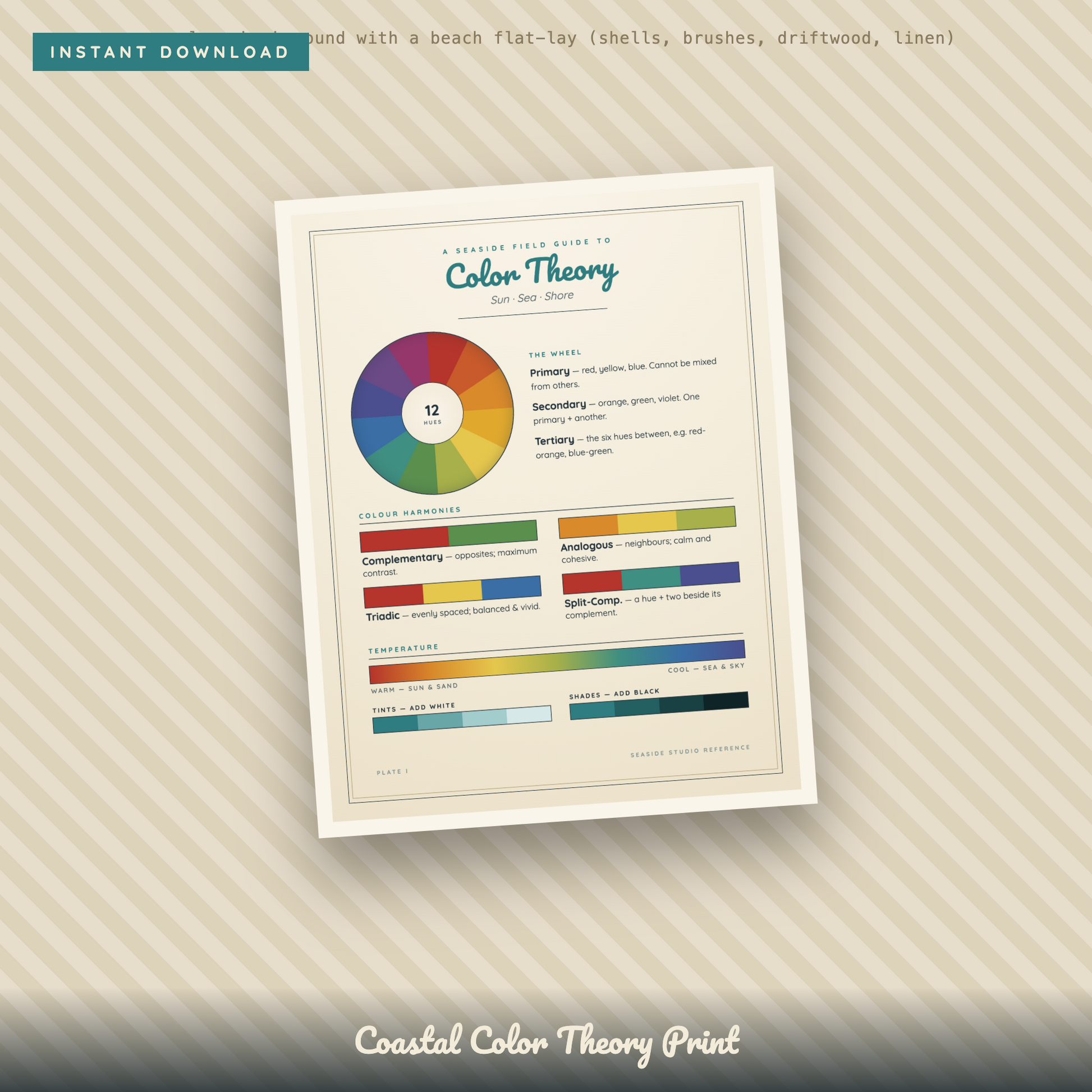 A coastal-themed color theory print poster shown as an instant download graphic. The print features a color wheel, definitions of primary, secondary, and tertiary colors, and color charts for complementary, analogous, and triadic relationships.