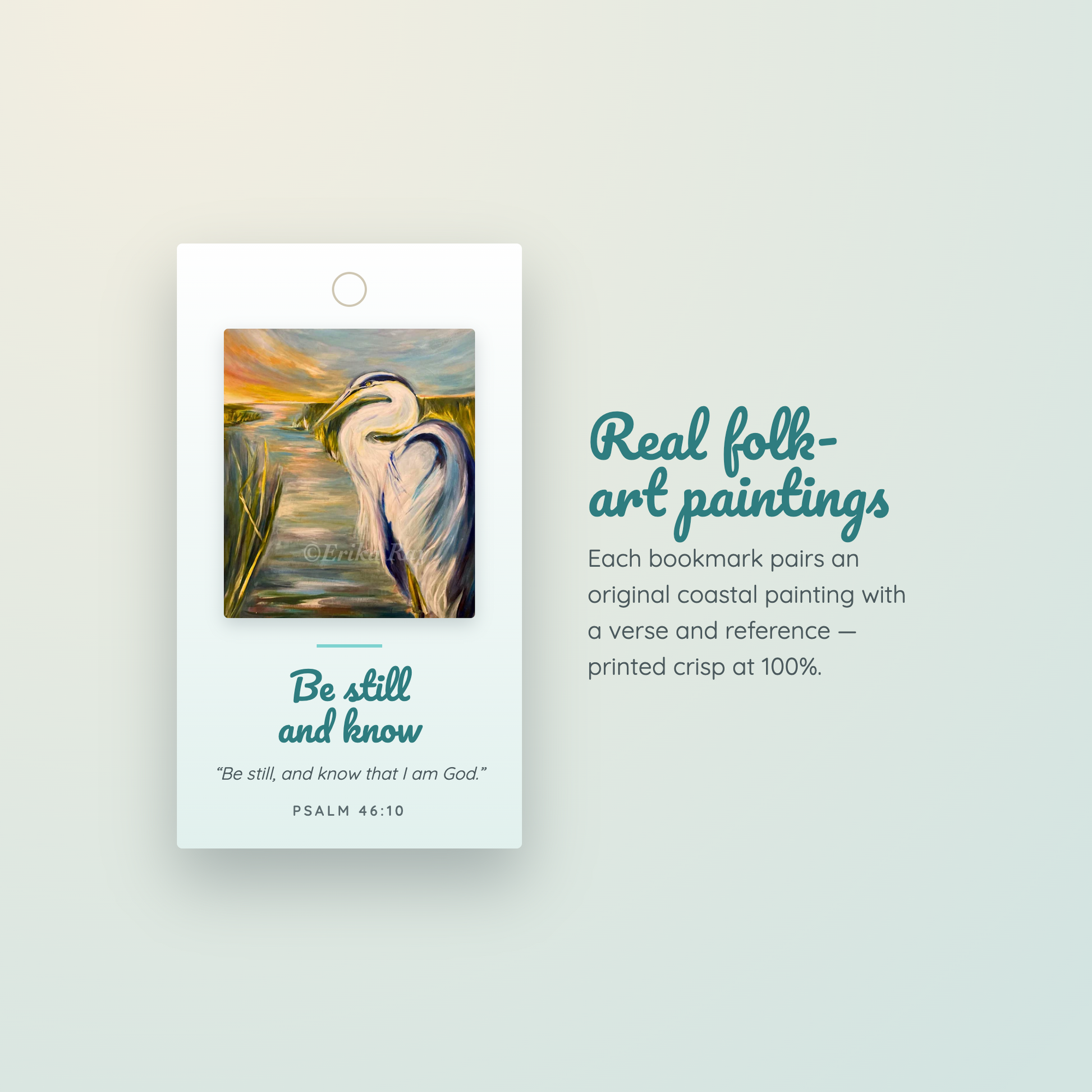 A bookmark card featuring a coastal painting of a heron at sunset with the text 'Be still and know' and 'PSALM 46:10', shown beside descriptive marketing text on a pale background.