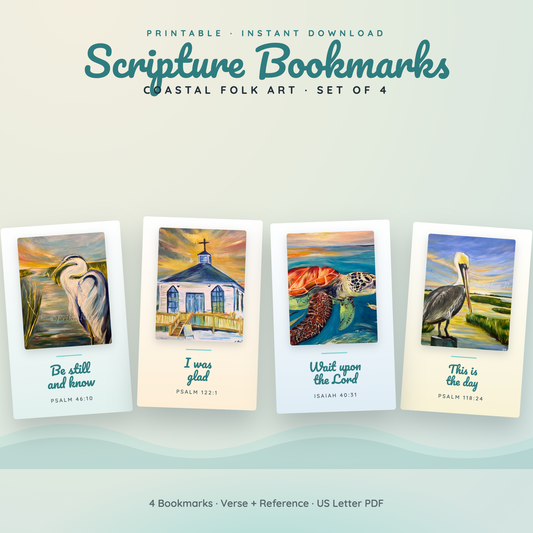 Promotional graphic for a printable instant download of four scripture bookmarks with coastal folk art illustrations. The bookmarks shown feature a heron, a church with a cross, a sea turtle, and a pelican, with Bible verses printed below each illustration.