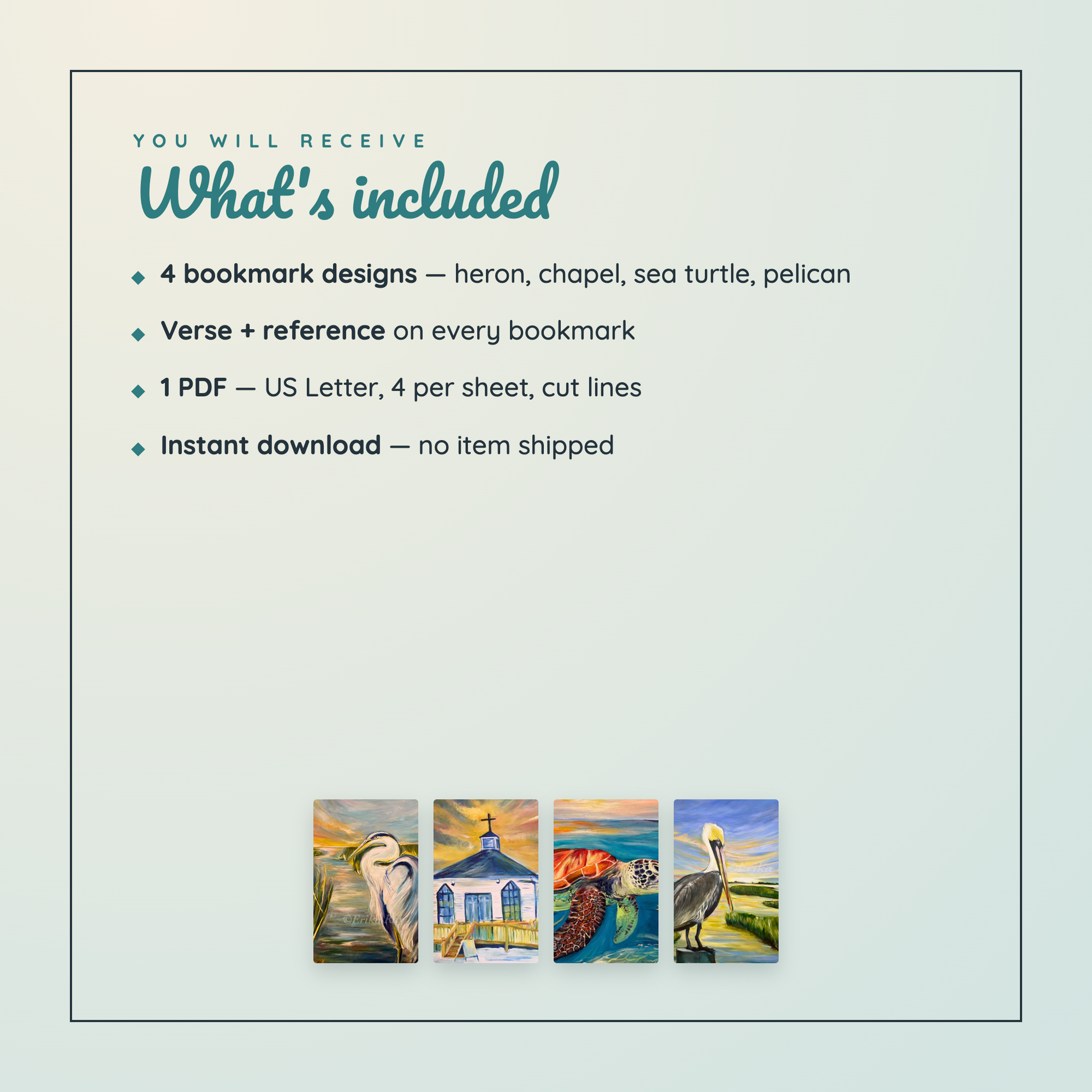 A digital listing graphic on a pale mint background with teal text reading 'What's included' and bullet points about 4 bookmark designs, verse and reference on each bookmark, a 1 PDF file, and instant download. Four small bookmark cover previews appear along the bottom, showing illustrated beach and nautical scenes.