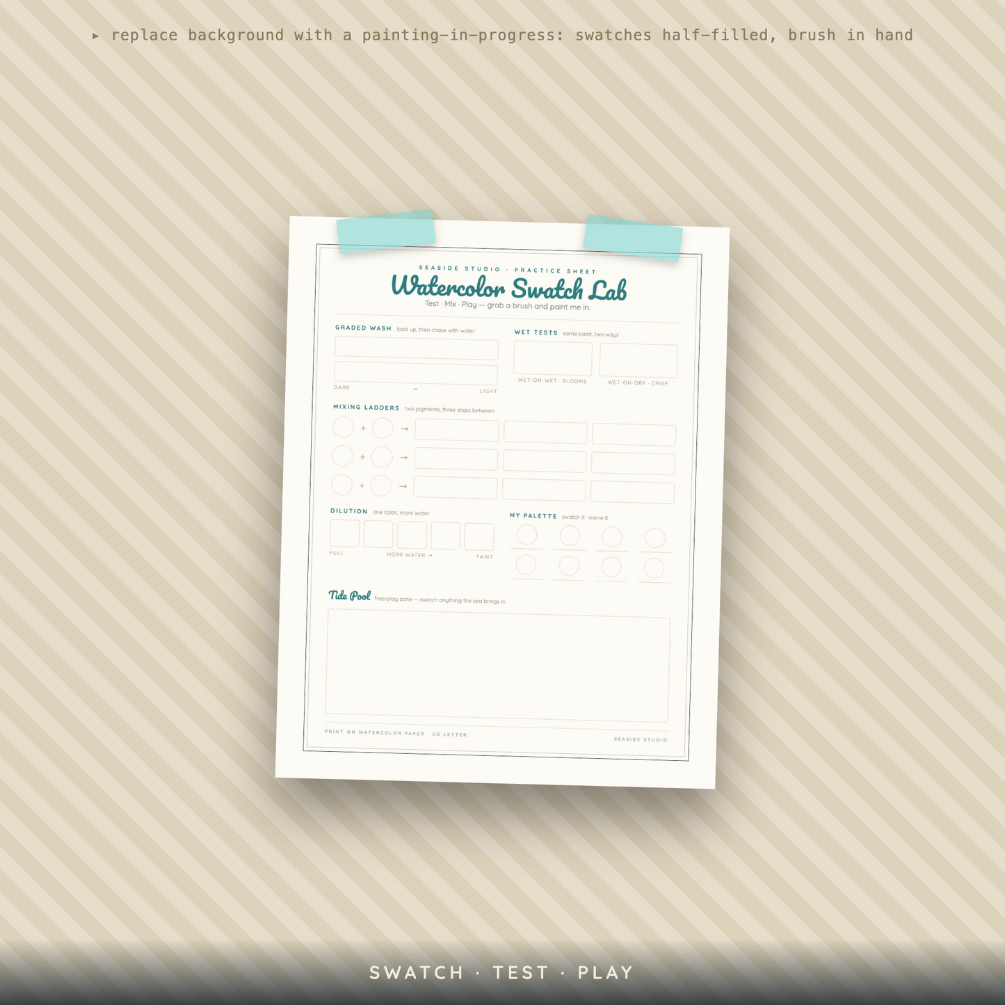 A printable worksheet titled 'Watercolor Swatch Lab' shown on a beige striped background with a soft drop shadow. The sheet has light blue tape graphics at the top and blue headings, with blank lines for writing and painting progress notes.